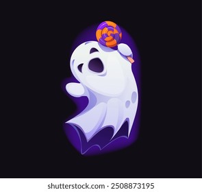 Cartoon Halloween personagem fantasma ou personagem assustador assustador, monstro do mal do horror vetor. Fantasmas ou poltergeist de livro engraçado com caramelo de pirulito para truque ou deleite em Emoji de festa de Halloween