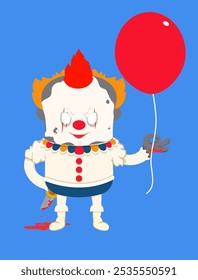 Personaje fantasma de Halloween de dibujos animados como payaso de miedo para la noche de terror de vacaciones, fantasma de payaso espeluznante de dibujos animados retro Groovy con globo rojo