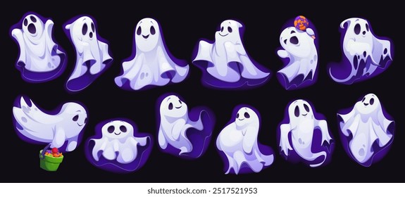 Cartoon Halloween personagens fantasmas, personagens de vetor assustadores. Monstros do mal do terror com truque Helloween ou tratar balde de doces. Fantasmas e espíritos bonitos de noite de Halloween com pirulito