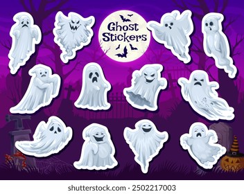 Cartoon Halloween ghost characters stickers pack, night cemetery vector background. Halloween holiday horror monsters personages of flying white ghosts, scary phantoms, evil poltergeists and spirits