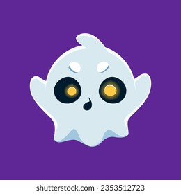 Cartoon Halloween ghost emoji character. Isolated vector phantom personage frightens with a cheerful boo, and yellow glowing eyes adding a spooky twist to festive messages. Scary and funny boggart