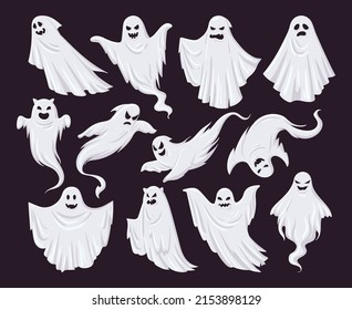 Fantasma de halloween de caricatura, espíritu espantado y fantasmas misteriosos. Escandaloso fantasma fantasmas vectoriales ilustraciones conjunto. Personajes misteriosos de las sombras nocturnas