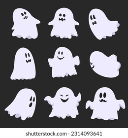 Cartoon Halloween Geist, gehobener Sportsgeist und geheimnisvolle Phantome. Gruselige Geisterfiguren, lustige Löffel fliegen, süße lächelnde Schrecken zwischen Geistermaskottchen, Vektorgrafik Set.