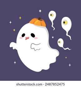 Cartoon halloween ghost, ghosted spooky spirit and mysterious phantoms. Scary ghost characters, fly funny spook.emotions in kids cartoon style, vector art