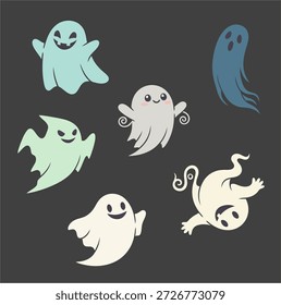 Fantasma de Halloween de dibujos animados, espíritu fantasmal fantasma y fantasmas misteriosos. Conjunto de ilustraciones de símbolos de Vector de fantasmas fantasmas fantasmas voladores espeluznantes. 