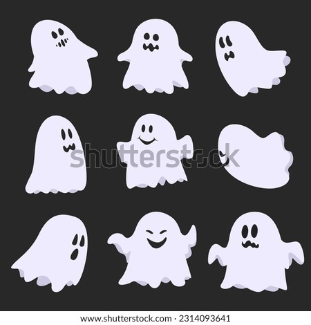 Cartoon halloween ghost, ghosted spooky spirit and mysterious phantoms. Scary ghost characters, fly funny spook, cute smiling scare halloween ghost mascots vector illustration set.