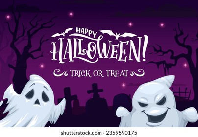 Cartoon Halloween Geist auf Mitternachtsfriedhof-Landschaft, FeiertagsHorrornacht, Vektorhintergrund. Halloween-Trick oder LG-Partyposter mit spokiösen Boo-Geistern und Grabsteinen auf FriedFriedhof