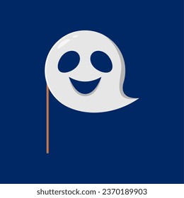Cartoon Halloween ghost photo booth mask with props. Isolated vector white whimsical spook with a friendly smile. Accessory for playful carnival holiday snapshots and costume party fun phorography