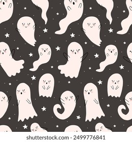 Cartoon halloween ghost Seamless pattern. Cute ghosts repeat print background. Halloween pattern for kids. Vector magical illustration with stars and ghosts hand drawn