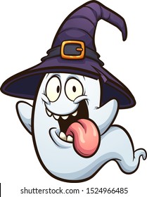 Cartoon Halloween ghost with tongue out, wearing a witch hat clip art. Vector illustration with simple gradients. Some elements on separate layers. 