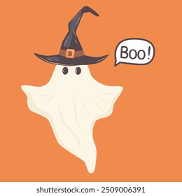 Cartoon halloween ghost wearing witch hat isolated. Halloween poster print design vector illustration