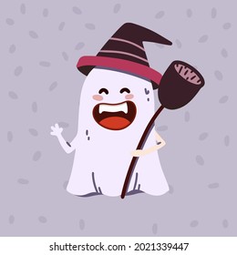 Cartoon halloween ghost in witch hat isolated