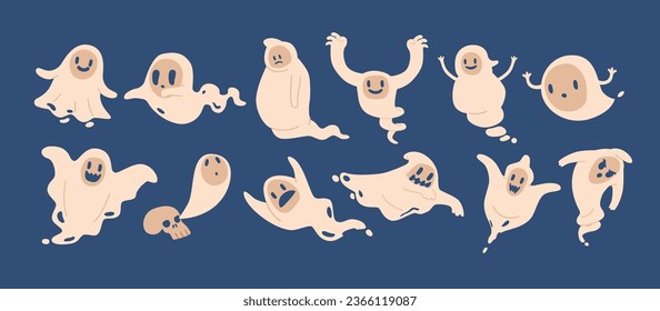 Cartoon Halloween Ghosts. Adorable White Sheet Phantoms With Mischievous Expressions, Frightens With A Cheerful Boo