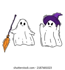 Cartoon halloween ghosts with broom and witch hat. Vector illustration