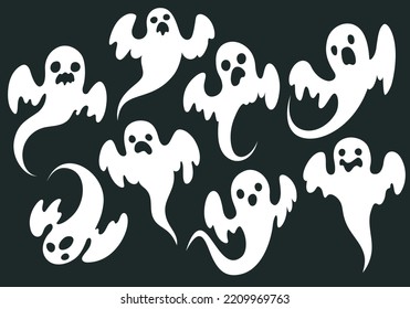 Cartoon Halloween Ghosts. Ghosted Spooky Spirit And Mysterious Phantoms. Spooky Flying Phantom Ghosts Vector Symbols Illustrations Set