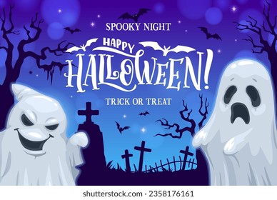 Cartoon halloween ghosts at holiday night cemetery landscape. Vector greeting card or banner for trick or treat or spooky night party with white sheet spooks, flying bats and trees at creepy graveyard