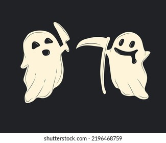 Cartoon halloween ghosts with a knife and a scythe Funny faces. Vector in cartoon style. All elements are isolated	