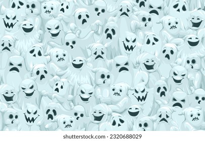 Cartoon halloween ghosts pattern. Vector background with white creepy spooks emotions and face expressions. Greeting card or banner with funny phantoms smile, yell, grin or sad ghosts
