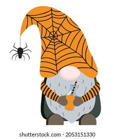 Cartoon Halloween gnome in orange hat with a potion. Isolated on white background. Vector illustration.