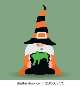 Cartoon Halloween gnome with potion cauldron. Isolated vector. Great for sublimation design, prints.