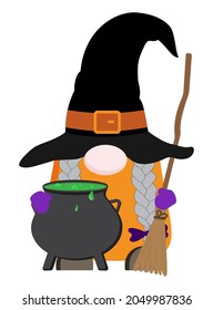 Cartoon Halloween gnome witch illustration with cauldron and broom. Isolated on white background. Great for sublimation design, prints.