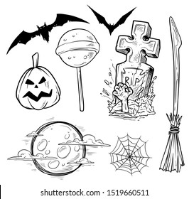 Cartoon halloween graphic black and white hand drawn monsters and objects. Bat and broom. Tomb and zombie. Pumpkin and lollipop. Isolated on white background. Halloween vector icon set.