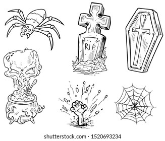 Cartoon halloween graphic black and white hand drawn monsters and objects. Coffin and tomb. Spider and cauldron. Poison and zombie. Isolated on white background. Halloween vector icon set.