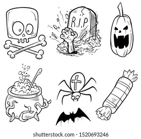 Cartoon halloween graphic black and white hand drawn monsters and objects. Skull and tomb. Candy and pumpkin. Poison and bat. Isolated on white background. Halloween vector icon set.