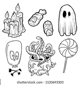 Cartoon halloween graphic black and white hand drawn monsters and objects. Ghost and cauldron. Candle and zombie finger. Skull and lollipop. Isolated on white background. Halloween vector icon set.