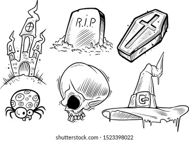 Cartoon halloween graphic of black and white hand-drawn monsters and objects. Coffin and castle. Tombstone and spider. Skull and witch hat. Isolated on a white background. Halloween vector icon set.