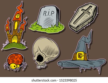 Cartoon halloween graphic of colorful hand-drawn monsters and objects. Coffin and castle. Tombstone and spider. Skull and witch hat. Isolated on a white background. Halloween vector icon set.