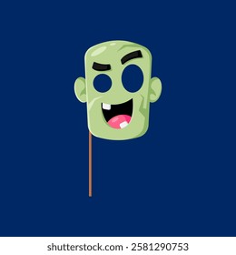 Cartoon Halloween green monster face photo booth mask with props. Isolated vector fearsome creature head with wide open mouth and eye holes, costume for a night of spooky fun and mysterious disguises