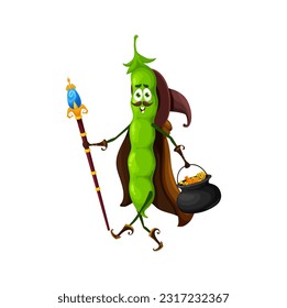 Cartoon Halloween green pea character. Isolated vector smiling vegetable wizard with sorcerer staff and cauldron with sweets. Funny veggies warlock personage in festive costume witchcraft hat and cape