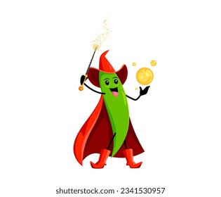 Cartoon Halloween green pea vegetable wizard character casting spells and enchanting with magical energy powers and wand. Isolated vector whimsical and enchanting veggies blending magic or wizardry