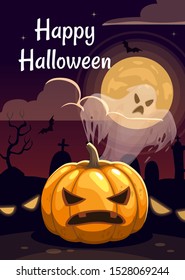 Cartoon Halloween greeting card with creepy pumpkin, ghost and terrible landscape. Traditional autumn holiday attributes. Vector scary night poster template.