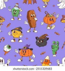 Cartoon Halloween groovige Zeichen nahtloses Muster. Vektor festliche Fliesen Hintergrund mit verspielten Kürbis, Geist, Süßigkeiten Mais oder Sarg, schwarze Katze, Augapfel, Tränk Flasche, Zombie Hand Cartoon Personen