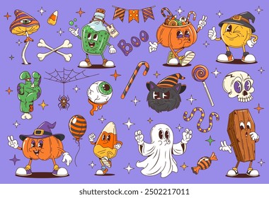 Cartoon Halloween groovy characters of vector horror holiday pumpkin, ghost and skull. Retro hippie groovy zombie hand, psychedelic mushroom, witch cat and potion. Halloween trick or treat sweets