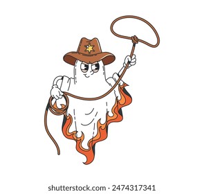 Caricatura de Halloween personaje fantasma estupendo que se pone sombrero de vaquero sheriff con estrella y lazo giratorio. Vector aislado divertido personaje de fantasmas listo para aventuras del oeste salvaje y truco o trato noche de fiesta