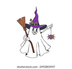 Cartoon Halloween groovy ghost character in witch hat carrying a broomstick and spooky spider on string. Adorable vector spirit personage, exuding a delightful mix of nostalgic spookiness and cuteness