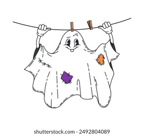 Caricatura de Halloween personaje fantasma groovy para la noche de terror de vacaciones, Vector de dibujos animados funky boo. Fantasma divertido groovy en la hoja con parches en la línea de ropa con pinzas de ropa, libro de historietas fantasmagórico para Halloween