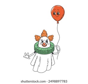 Caricatura de Halloween groovy personaje fantasma como payaso de miedo para la noche de terror de vacaciones, Vector boo. Fantasma de payaso espeluznante de dibujos animados retro Groovy con globo naranja para Halloween fiesta funky poltergeist