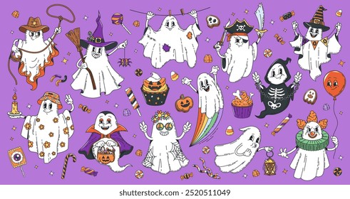 Cartoon Halloween groovy ghost characters and sweets. Vector spooks gang, swirling with funky monster costumes and candy cravings. Funky phantoms dance through the night, collecting treats with a glee