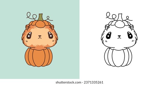 Cartoon Halloween Guinea Pig Clipart for Coloring Page and Illustration. Happy Clip Art Halloween Rodent. Cute Vector Illustration of a Kawaii Halloween Animal Inside a Pumpkin. 