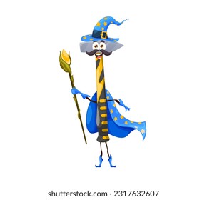 Cartoon Halloween hammer warlock character. Isolated vector construction tool wear cloak and hat with mischievous grin on face. Whimsical witch instrument wields magic staff ready for holiday mischief