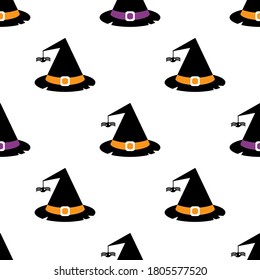 Cartoon halloween hats with spiders on web isolated on a white background. Vector seamless pattern. Halloween backdrop. Flat illustration for textile, wrapping paper, wallpaper, web design.