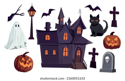 Caricatura Halloween obsesionó la colección de ilustraciones de casa. Colección vectorial de casa embrujada, fantasma espeluznante, calabaza, murciélago y tumbas. Feliz festival de Halloween elementos para decoración, huellas.