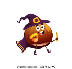 Cartoon halloween hazelnut wizard character holding trick or treat holiday sweets and burning candle. Isolated vector nut personage garbed in cone-shaped hat and warlock cape walk on party celebration