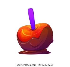 Caricatura de Halloween de vacaciones de dulces de manzana, Vector de dulces de Helloween y comida de postre. Caramelo, toffee o chocolate cubierto de fruta de manzana roja con palo. Halloween truco o trato de horror noche fiesta dulces