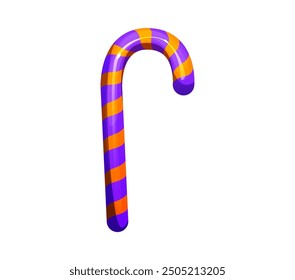 Cartoon Halloween holiday candy cane caramel or sweet dessert, vector icon. Halloween horror night holiday and trick or treat party traditional caramel candy cane lollipop with purple orange stripes