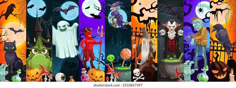 Cartoon Halloween holiday characters collage. Vector spooky ghosts, witch and zombie, eerie bats, pumpkins and a haunted graveyard, black cat, frog, devil and wizard capturing mysterious holiday vibe